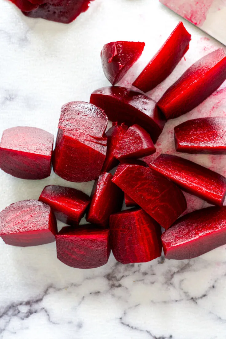 Sliced roasted beets.