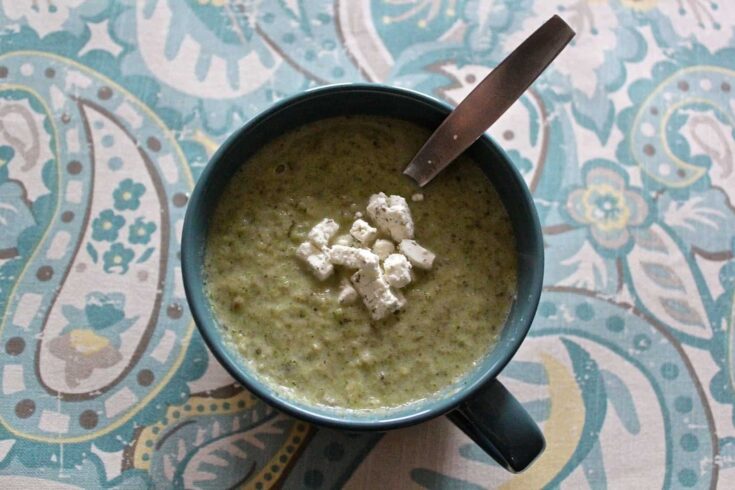 Broccoli leek soup in an oversized mug