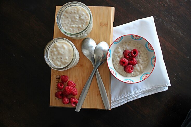 tapioca pudding in a bowl with 2 spoons.