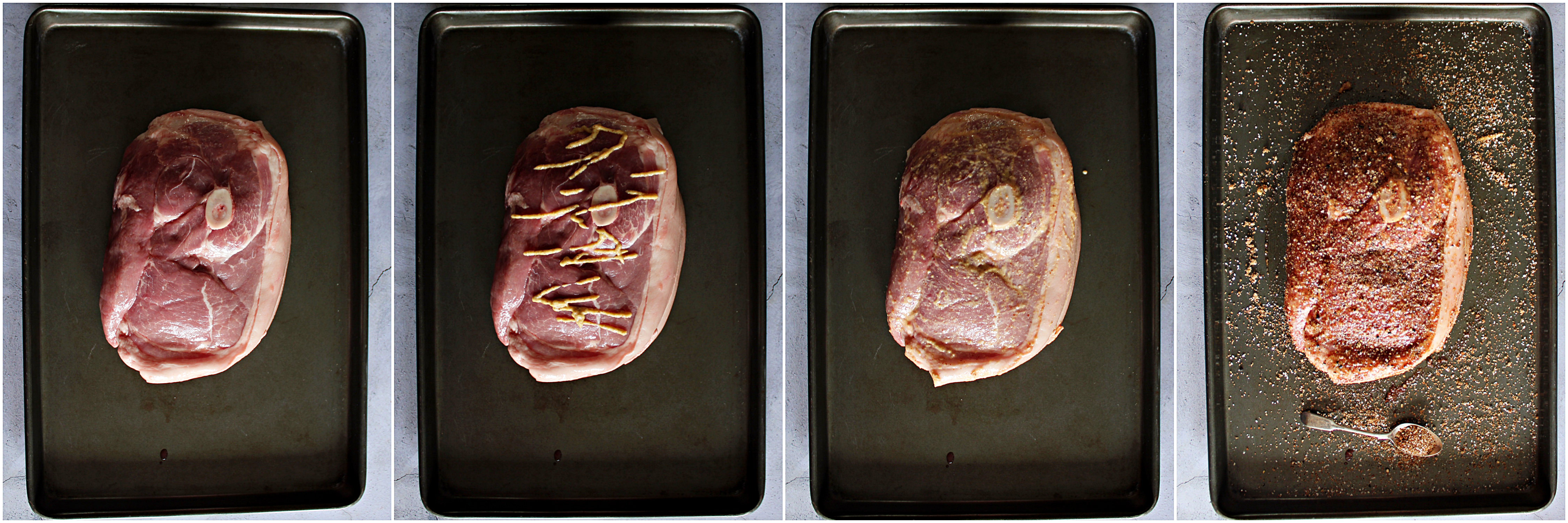 Collage of photos showing the pork shoulder getting the rub applied.