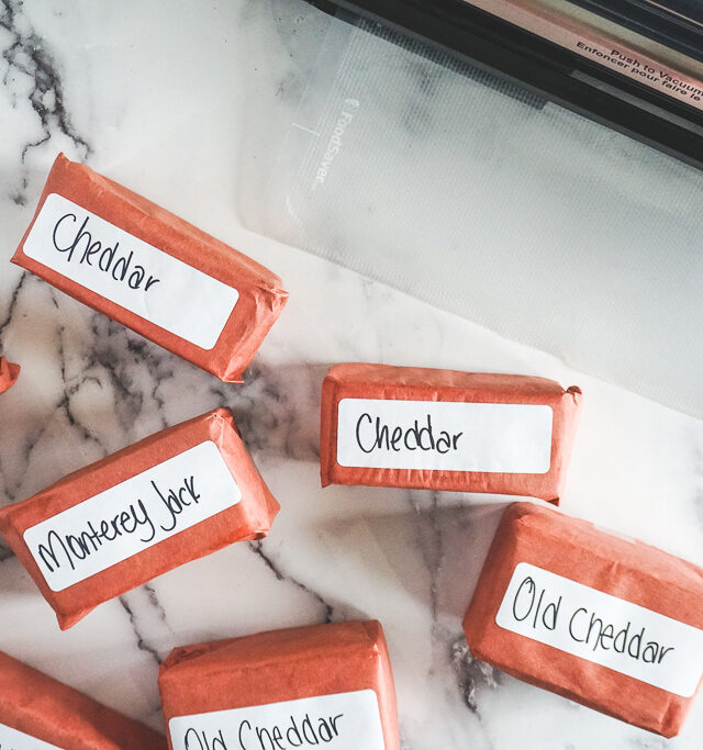 Smoked cheese wrapped in butcher paper and labeled