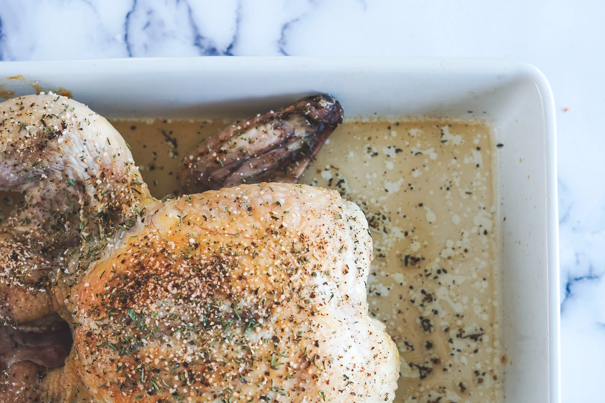 Golden brown oven roasted chicken.