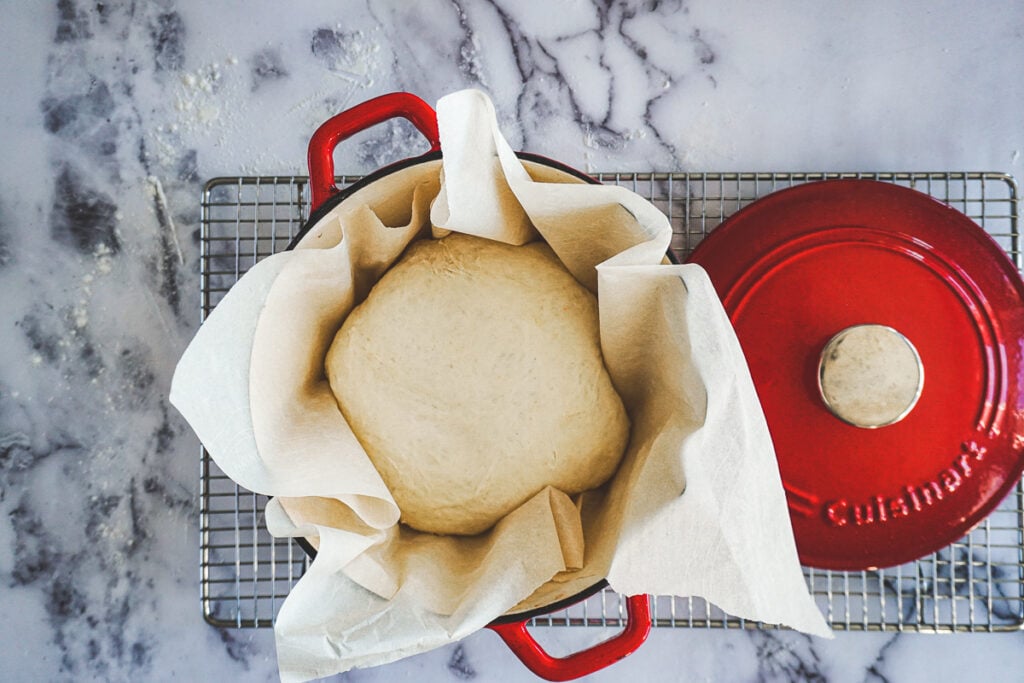 Bread boule resting inside of cast iron dutch oven.