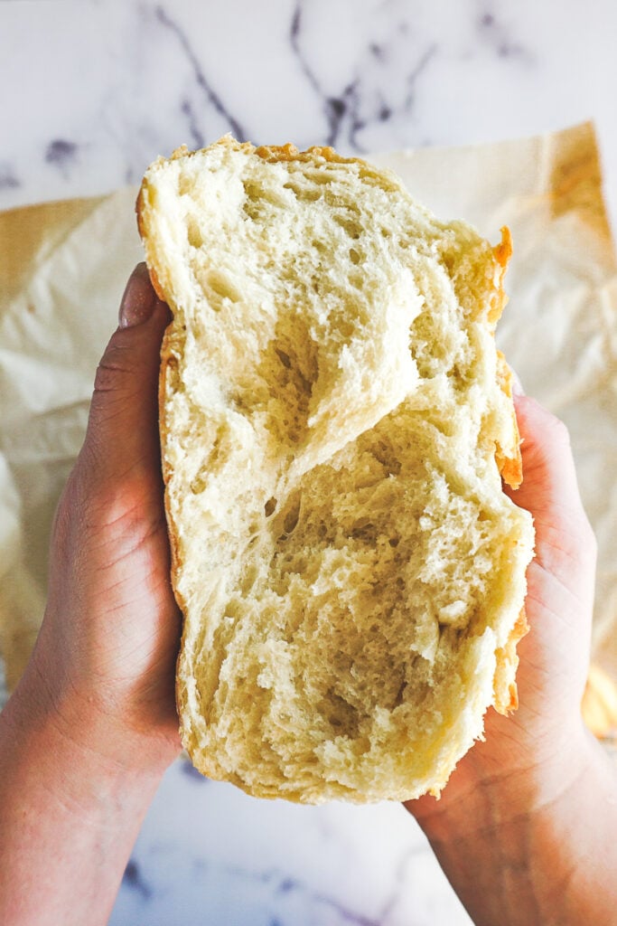 Hands holding a torn piece of no knead bread. 