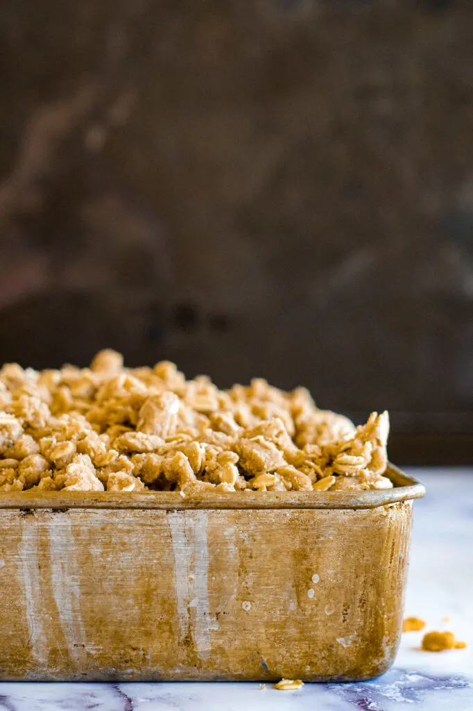 Apple crisp in a 8x8 tin pan.