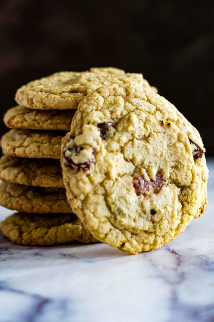 A stack of bacon chocolate chip cookies.