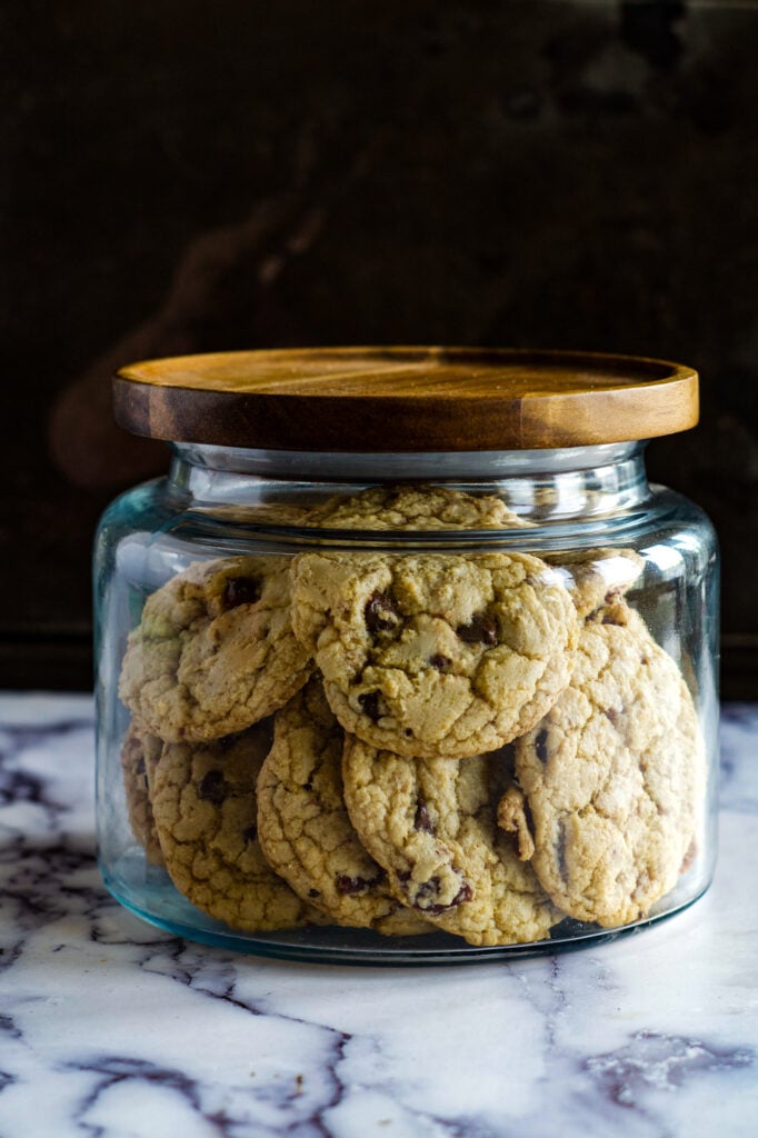 Bacon cookies in a glass cookie jar.