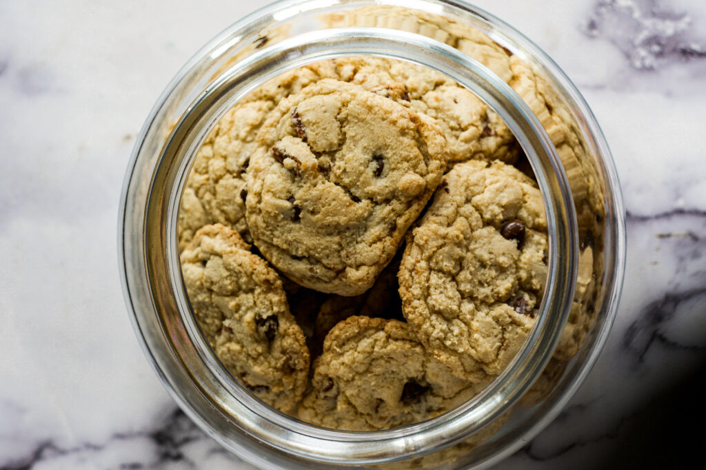 Bacon cookies in a cookie jar. 