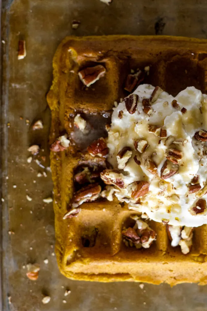 Overhead view of a pumpkin waffle