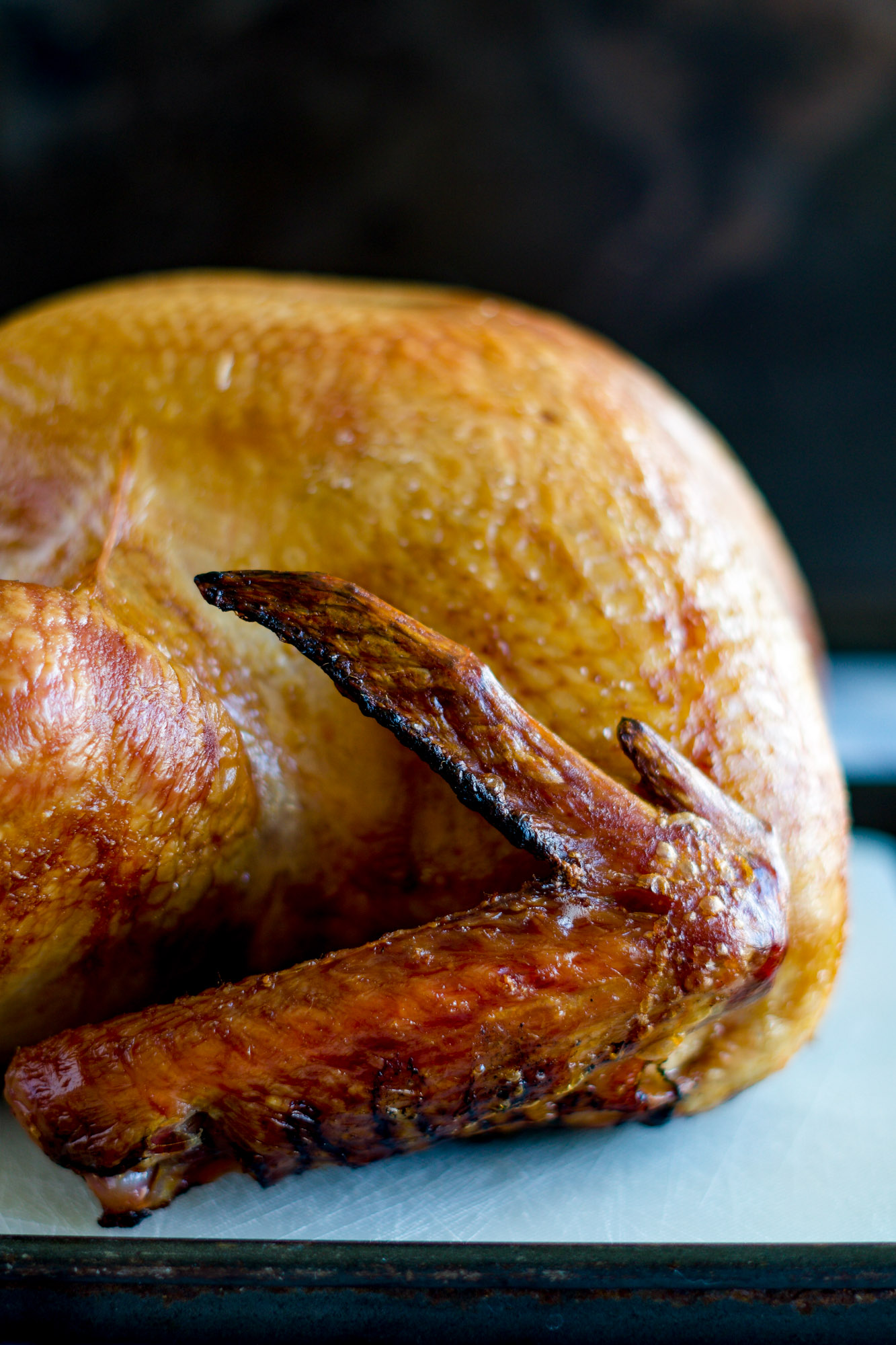 Golden brown smoked turkey with crisp skin on a platter.