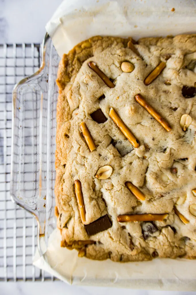 Bar snack blondies in a pan.