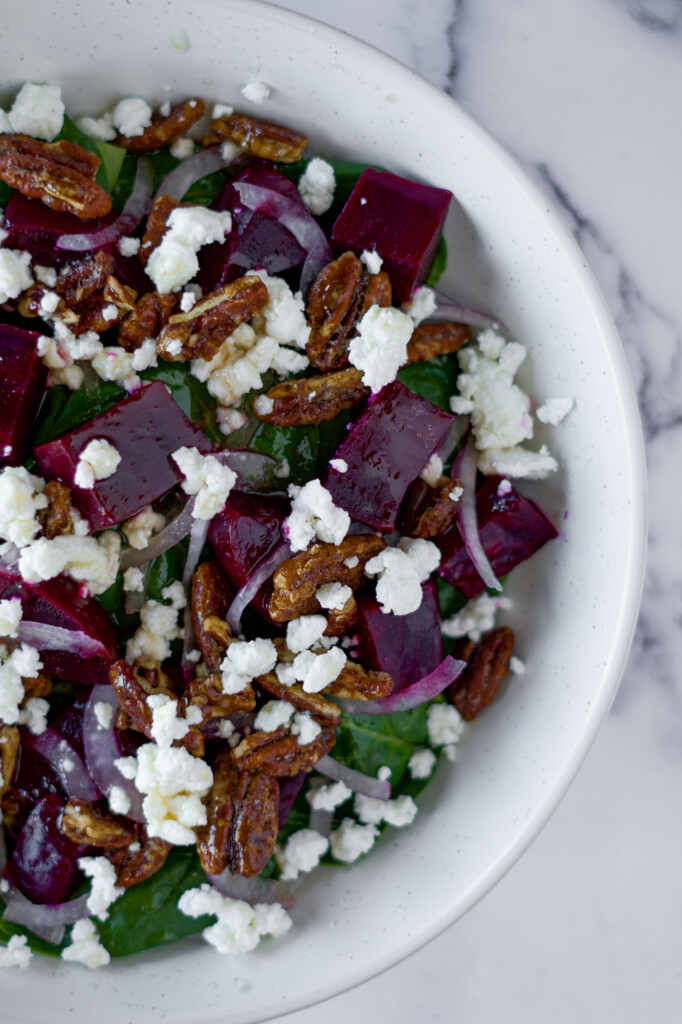 Close up of the different textures of the beet salad.