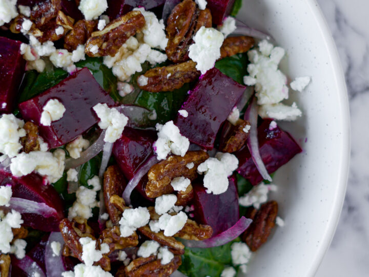 Roasted Beet + Goat Cheese Salad With Candied Pecans + Apple Cider  Vinaigrette - crave the good