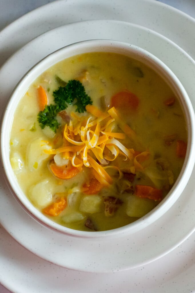 overhead view of creamy potato bacon soup.