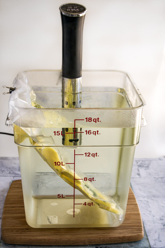 Vacuum sealed potatoes in a sous vide bag.