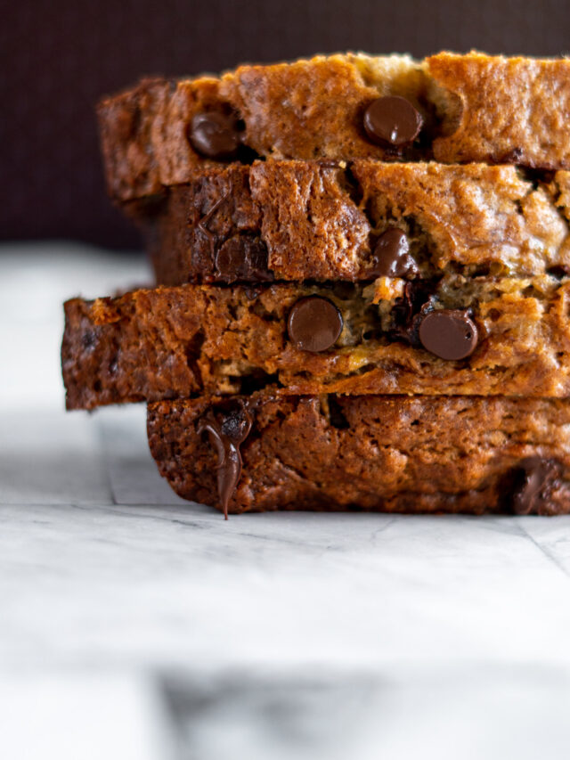 4 slices of brown sugar banana bread stacked.
