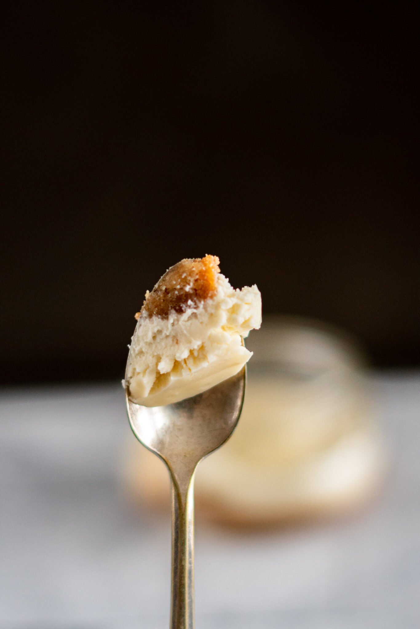 A spoon full of rich sous vide cheesecake.