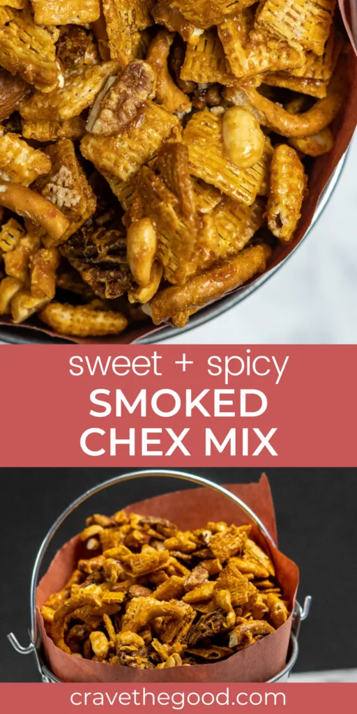 Smoked chex mix pinterest graphic.