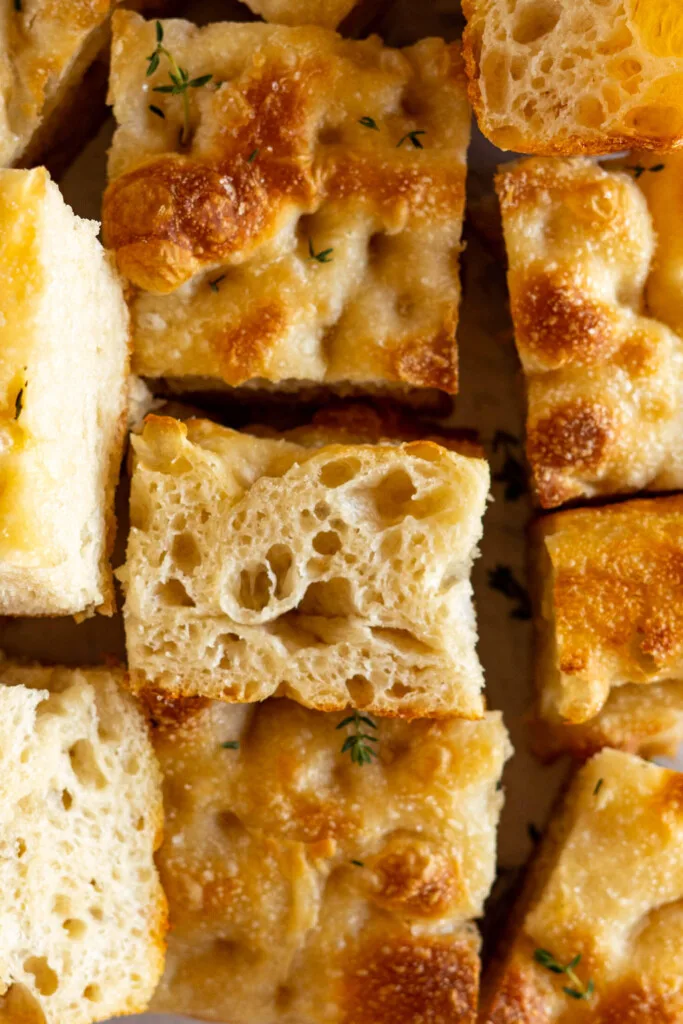 Showing the focaccia crumb.