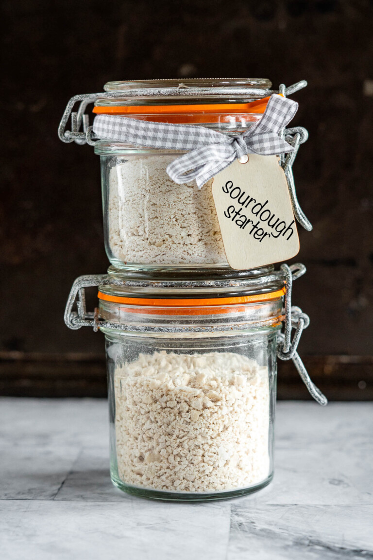dried sourdough starter in a bail type mason jar.