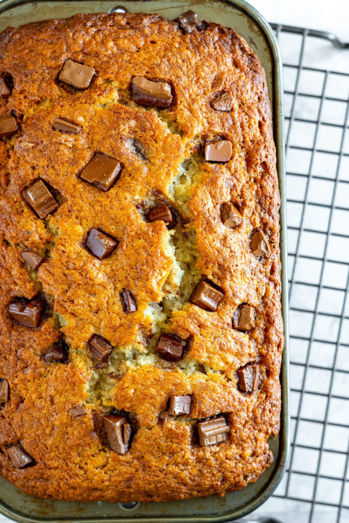 Overhead view of sourdough banana bread.