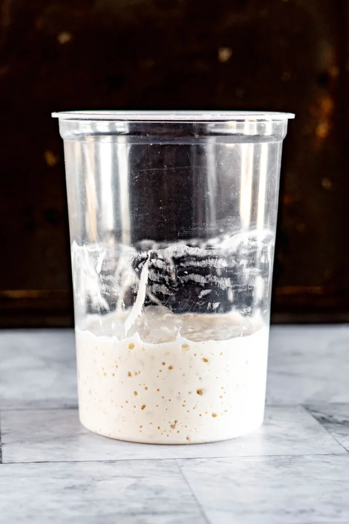 A container of sourdough starter with slide marks.