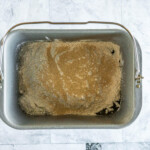 All ingredients in the bread pan ready to be placed in the bread maker.