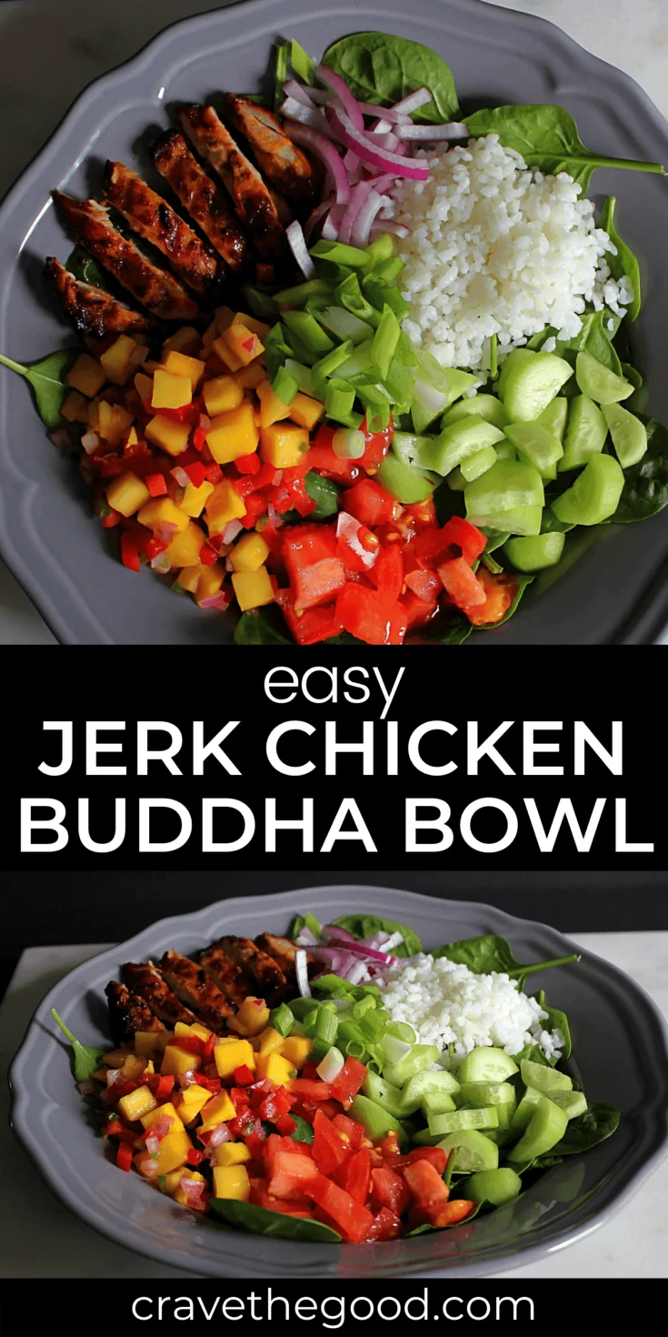 Easy Jerk Chicken Buddha Bowl pinterest graphic.