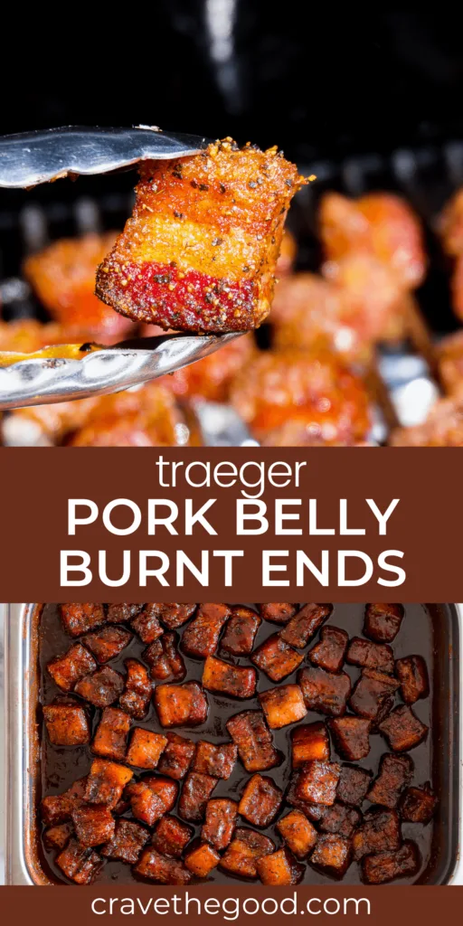 Traeger pork belly burnt ends pinterest graphic.