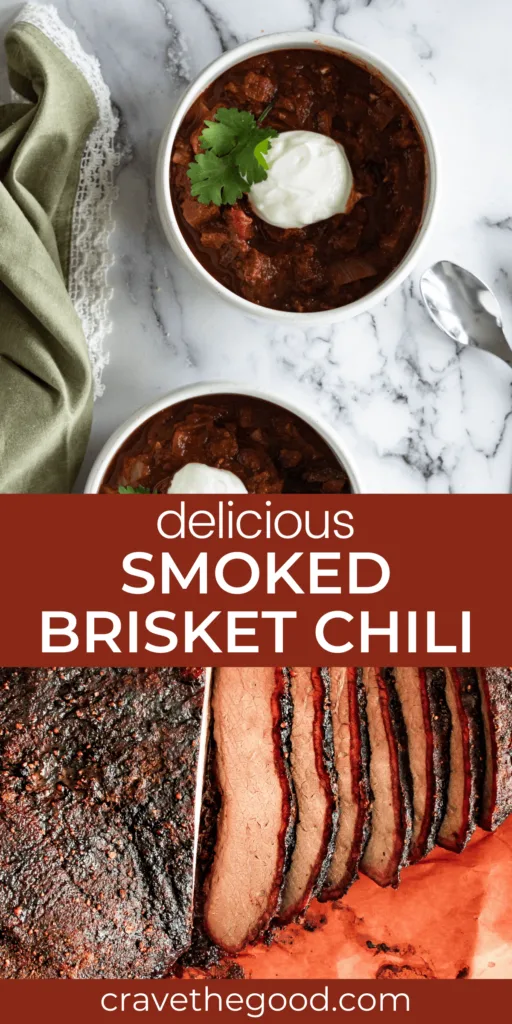 Delicious smoked brisket chili pinterest graphic.