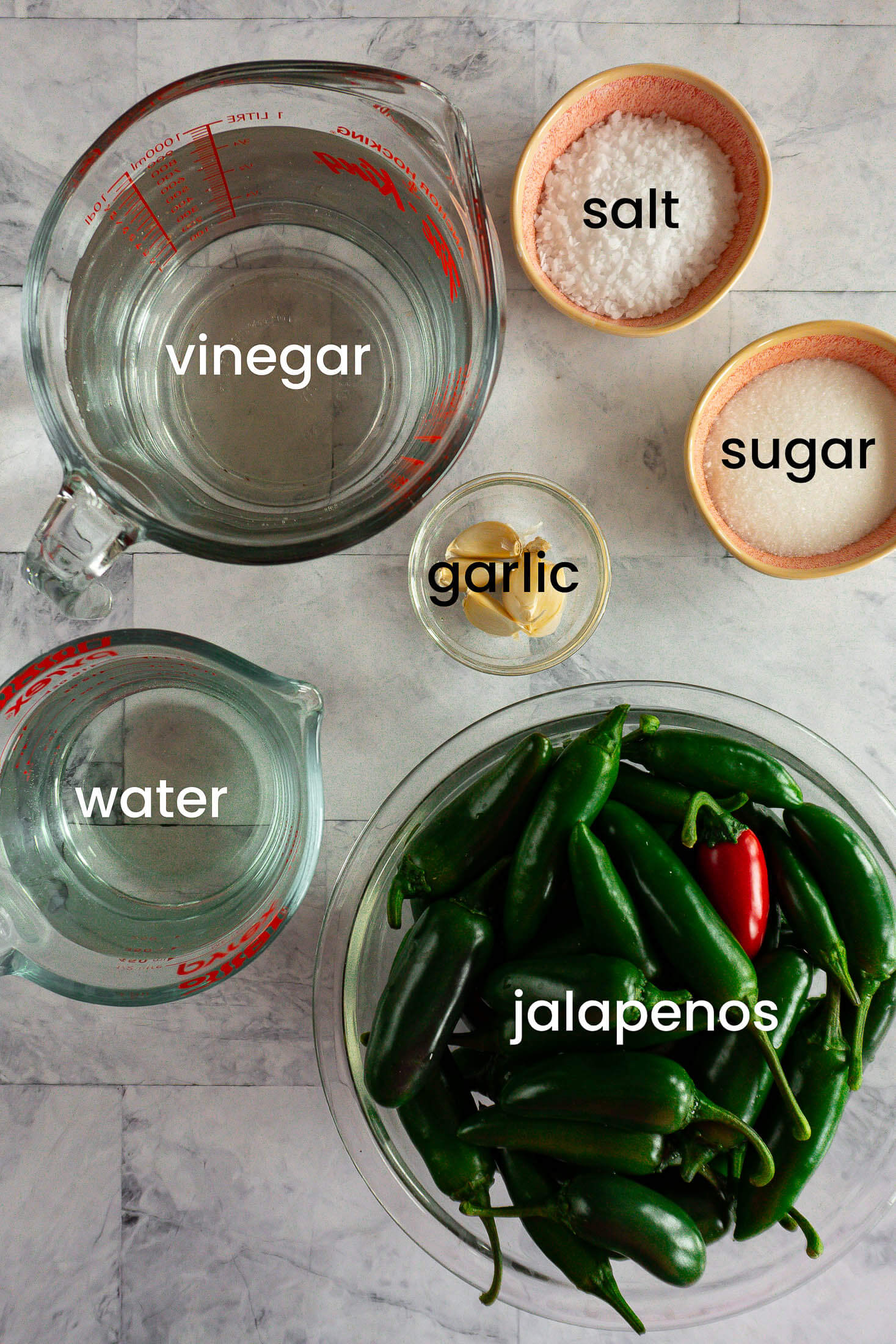Ingredients required to can pickled jalapeños: jalapeños, white vinegar, water, pickling salt, sugar, and garlic. 