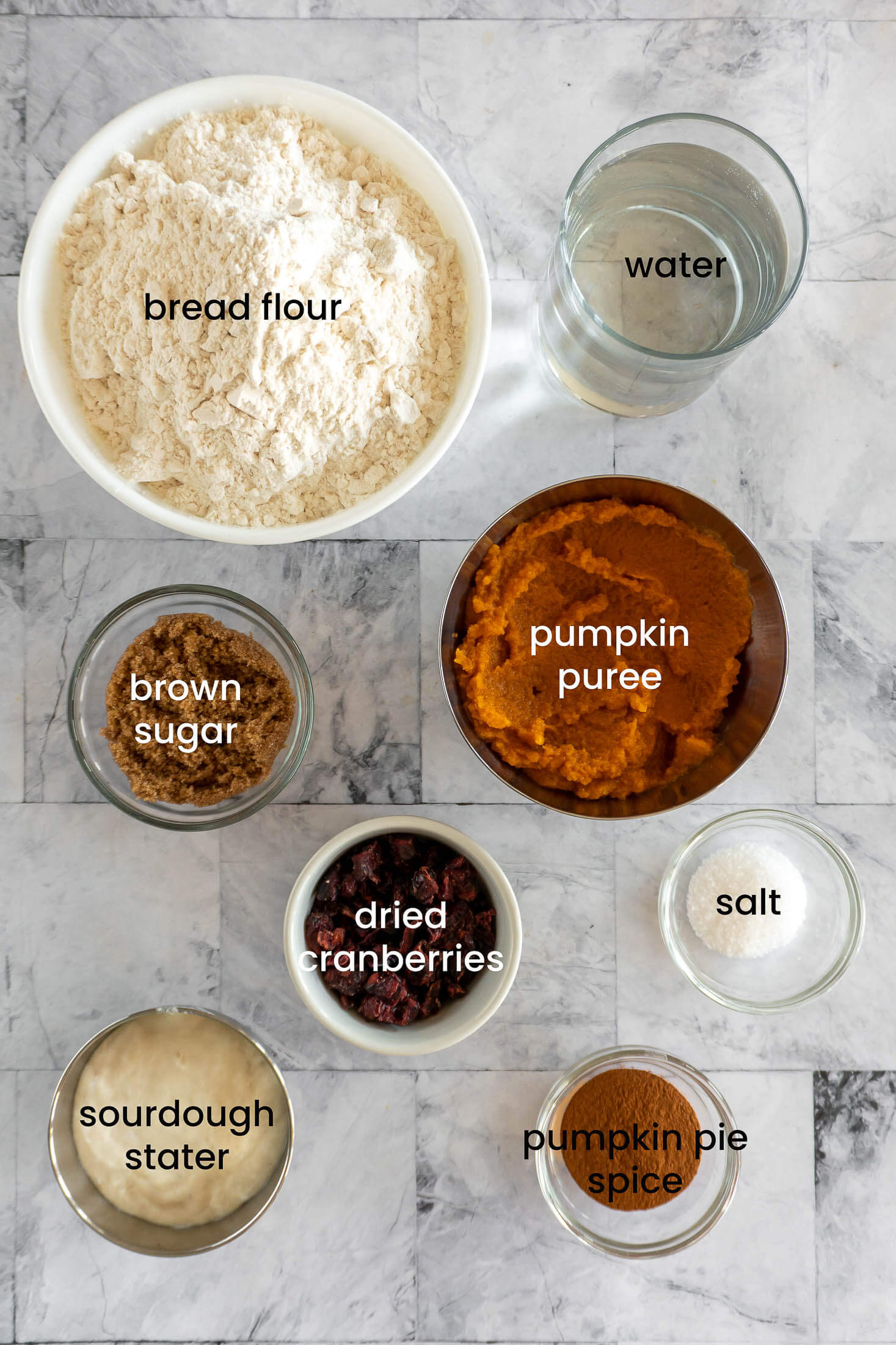 Ingredients required for pumpkin sourdough bread.
