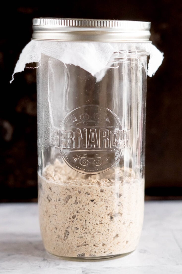 Rye sourdough starter in a mason jar with a cloth lid.