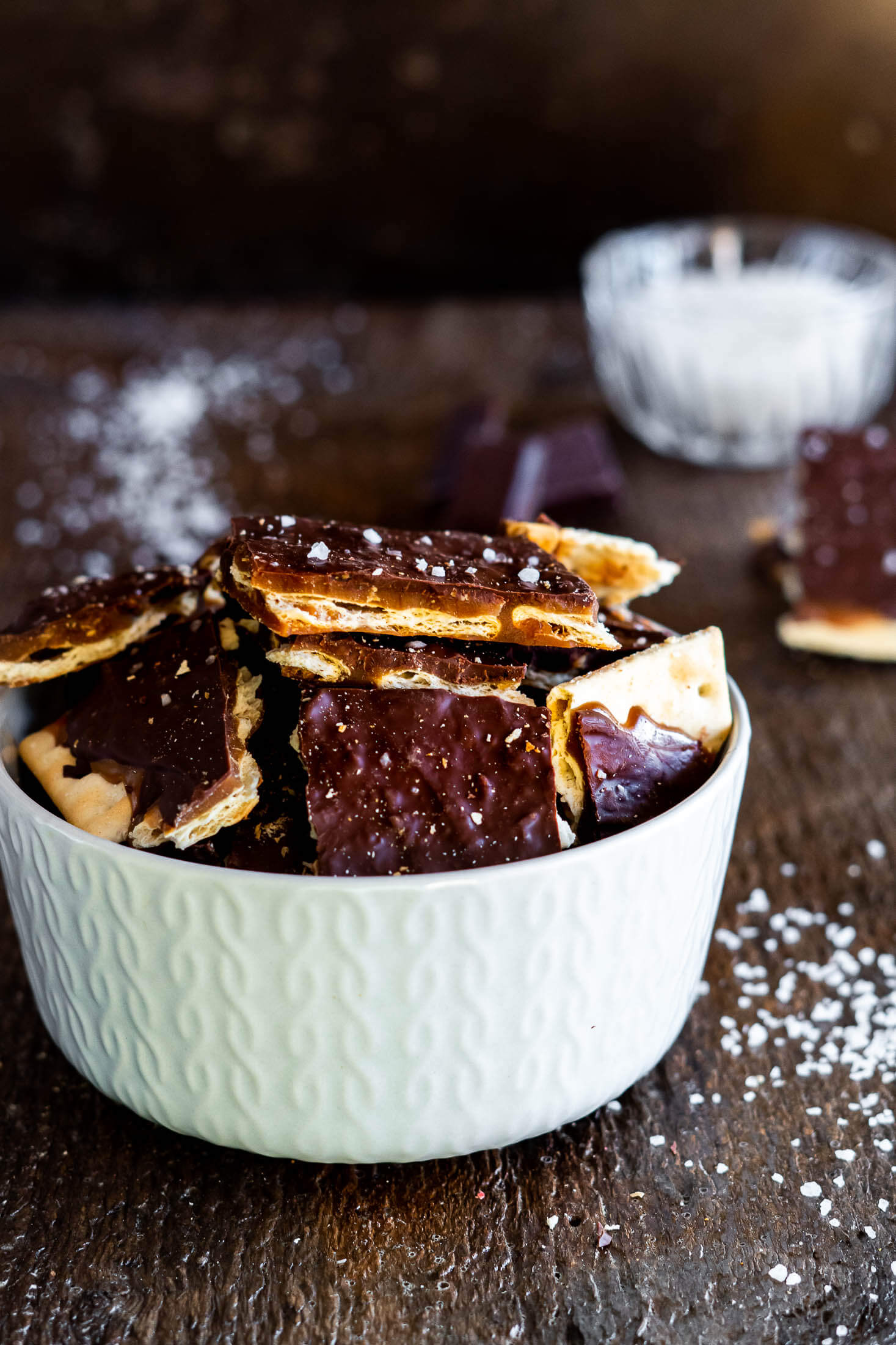 Christmas cracker toffee in a white bowl.