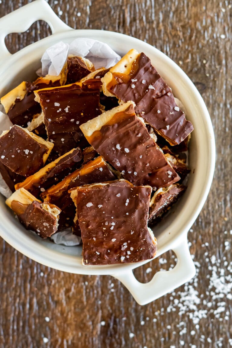 Broken up Cristmas crack in a white bowl.