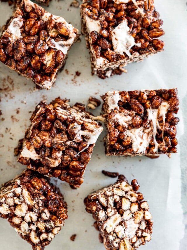 Gooey marshmallow filled chocolate puffed wheat squares.