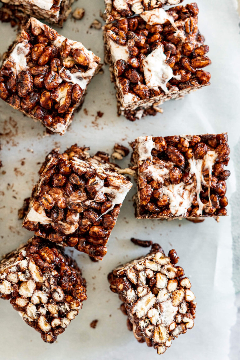 Gooey marshmallow filled chocolate puffed wheat squares.