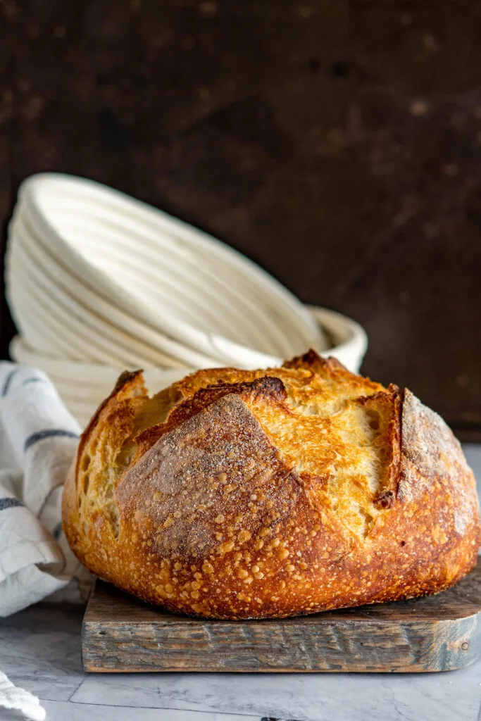 A loaf of sourdough without grooves from the banneton.