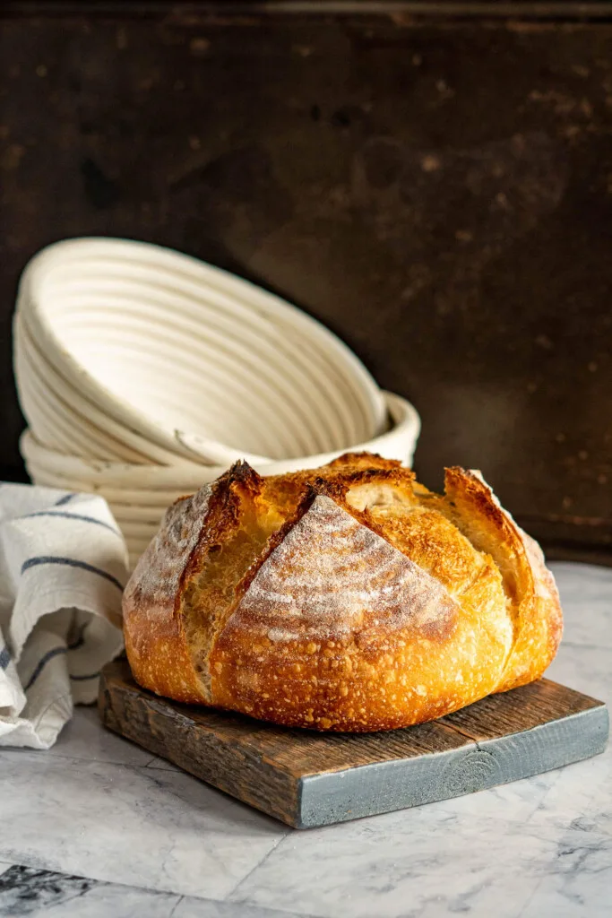 Sourdough loaf showing the rings from the brotform basket.