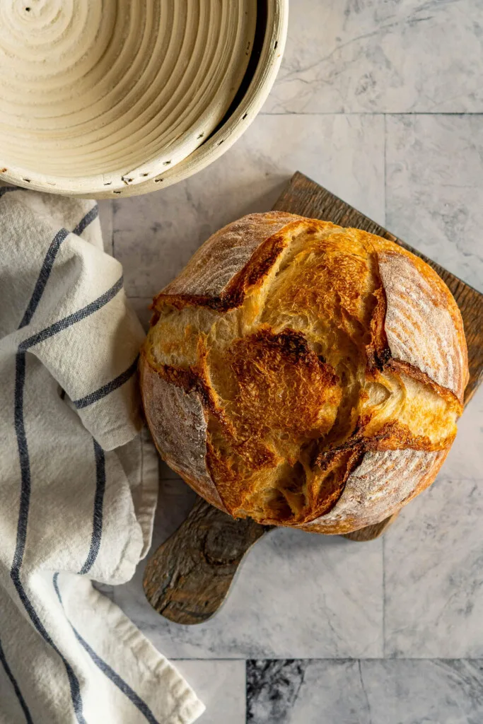 A baked sourdough loaf.