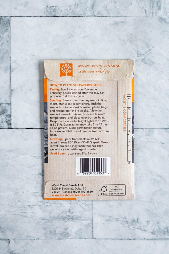 Back of seed packet for strawberry seeds.