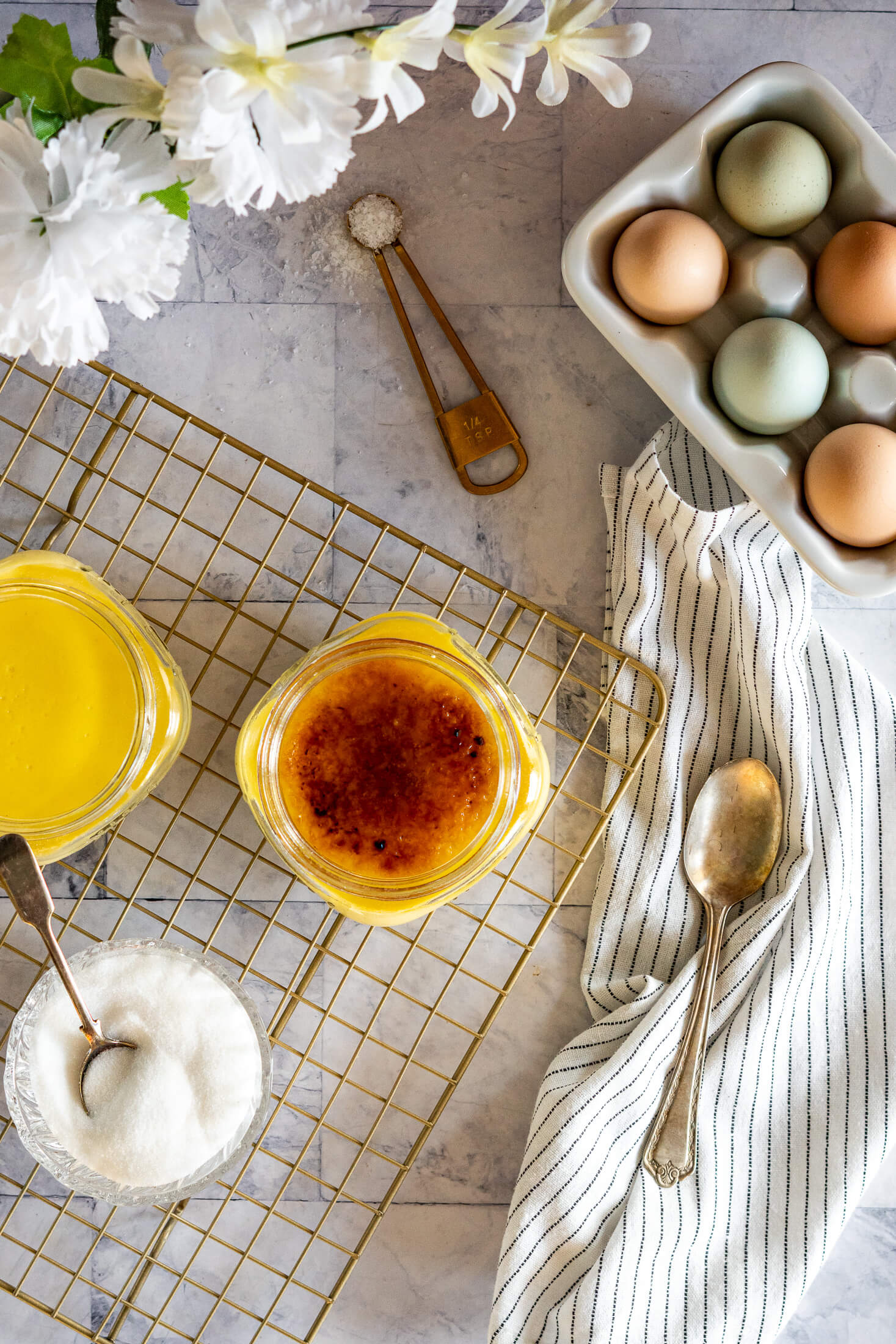 Overhead view of torched creme brulee.