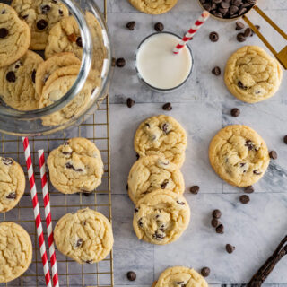 Overhead view of chocolate chip cookies made without brown sugar.