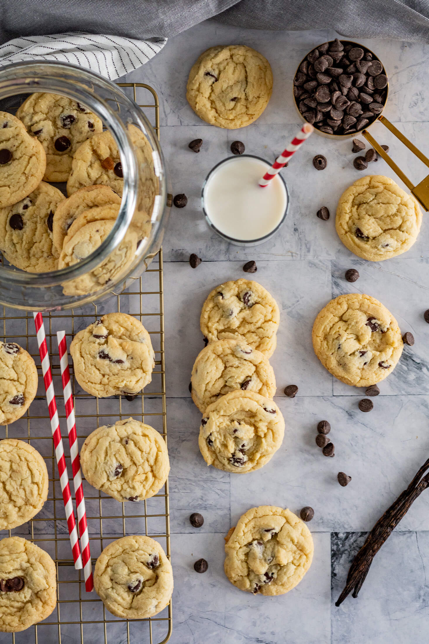 Overhead view of chocolate chip cookies made without brown sugar.