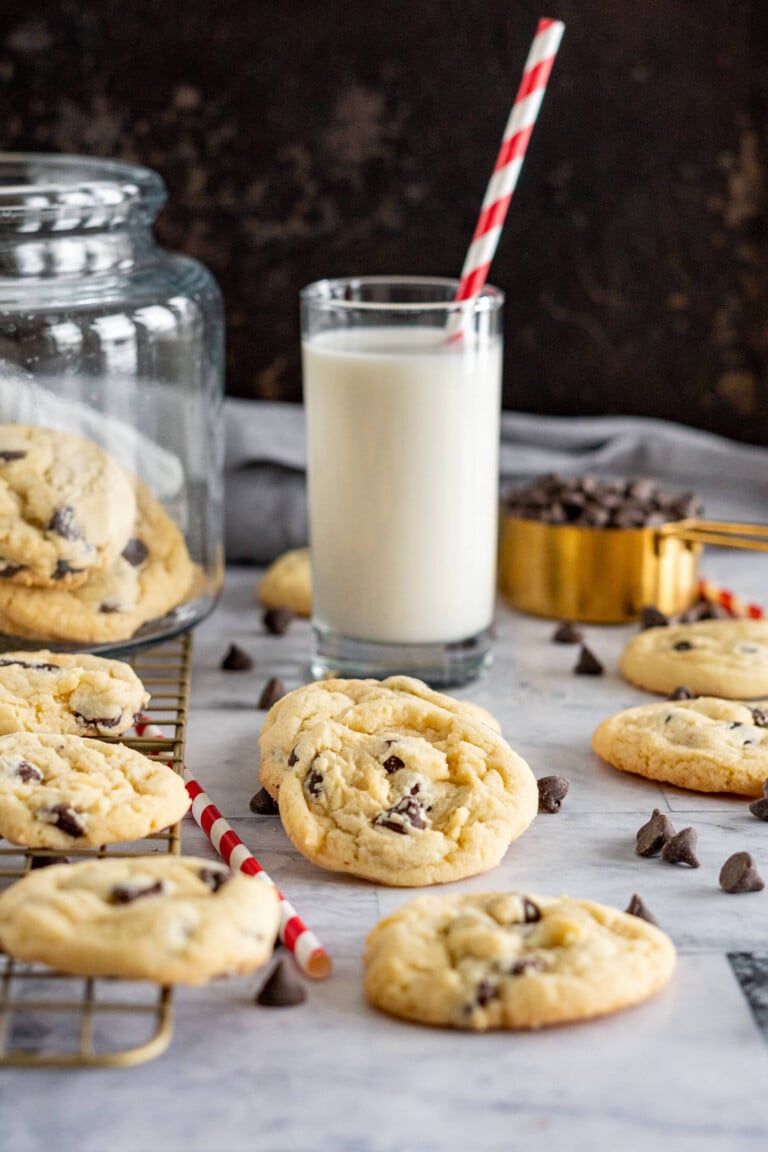 Chocolate chip cookies with a glass of milk.