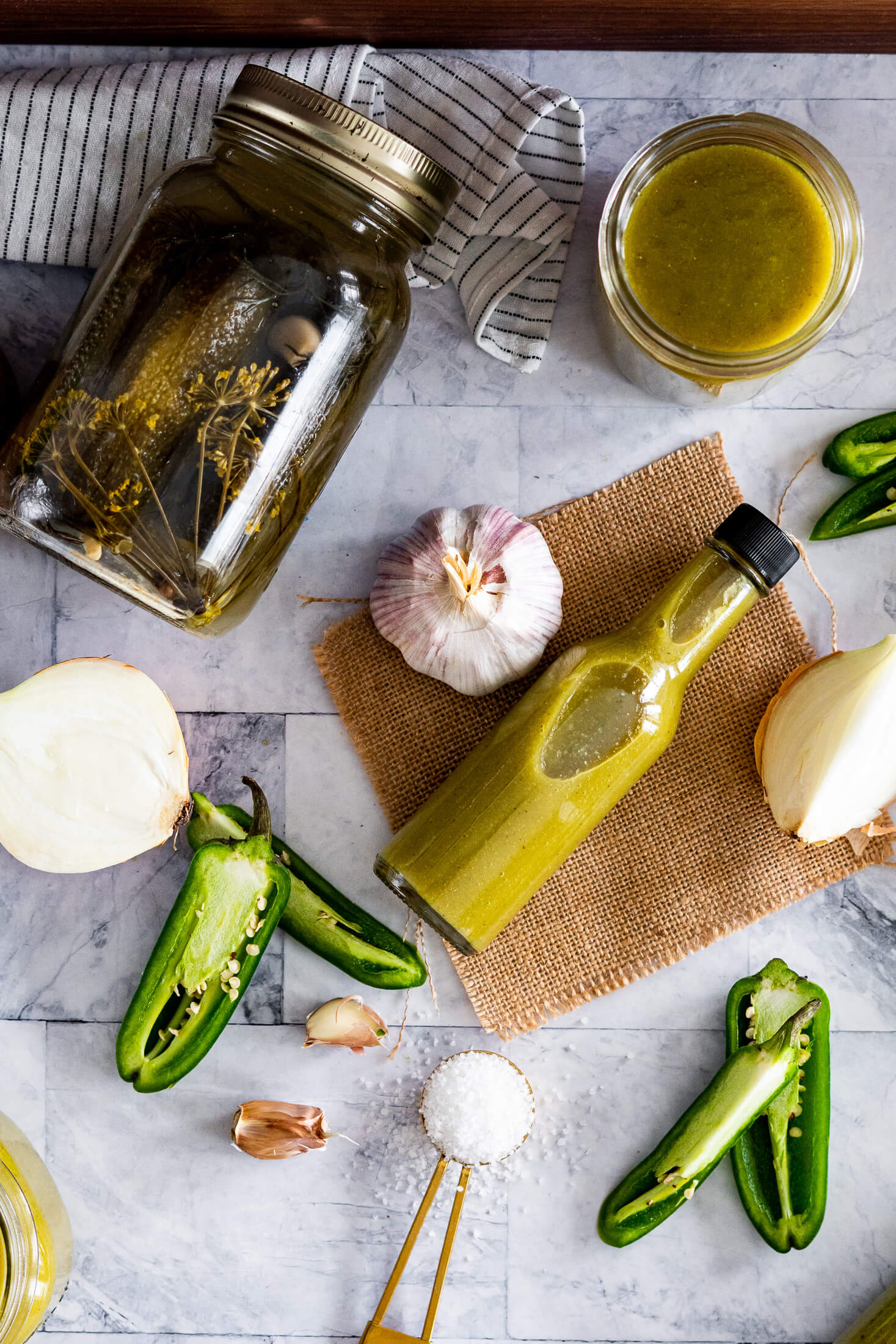 Overhead view of dill pickle hot sauce.