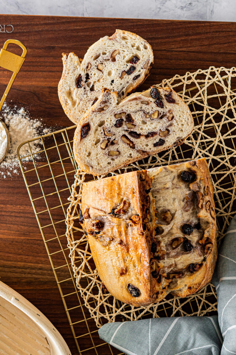 Overhead view of sliced cranberry sourdough.