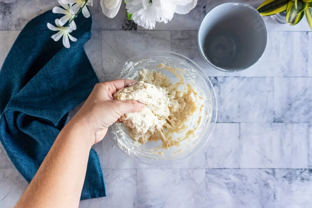 Stretching dough before autolyse.