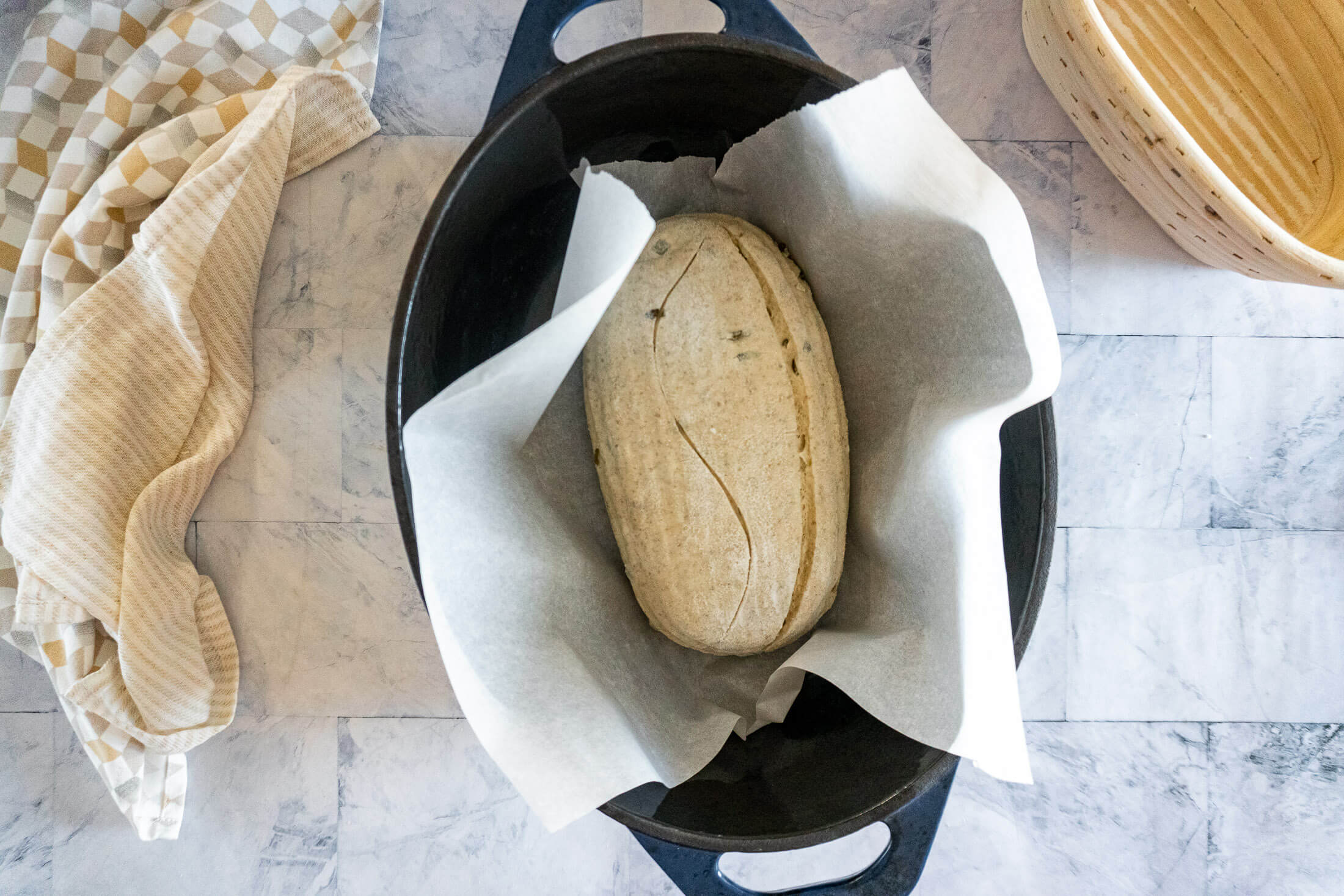 Dough placed in hot dutch oven. 