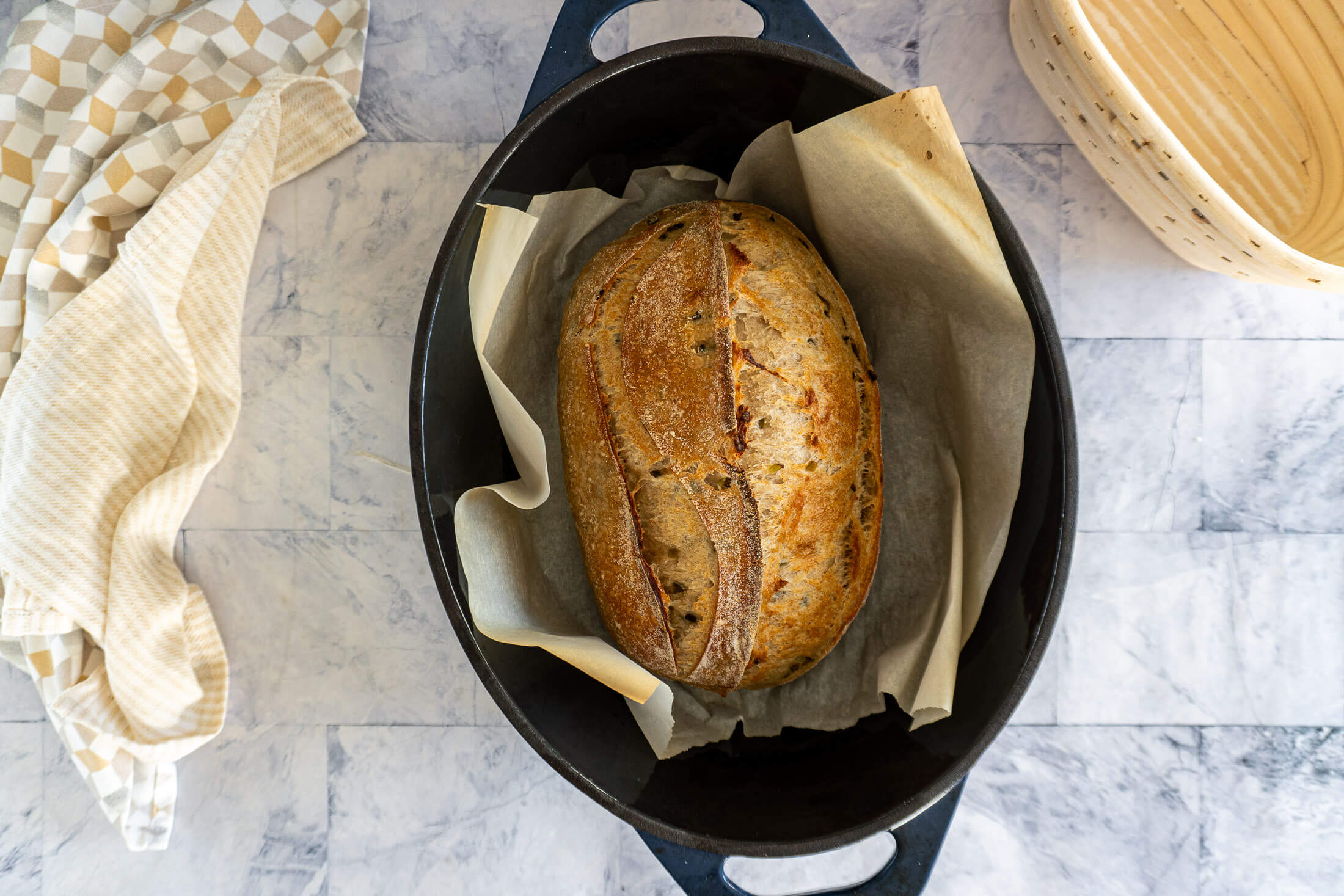 Fully baked dill pickle sourdough bread. 